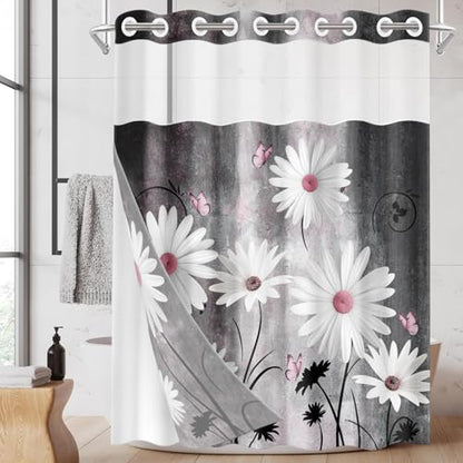 No Hook Shower Curtain with Snap in Liner 71x86 Inch Daisy Grey | Farmhouse Pink Butterfly Modern Double Layers Waterproof Fabric with See Through Top Window Open Grommet Bath Curtain - color: Grey, size: 71"W x 86"L (Pack of 1)