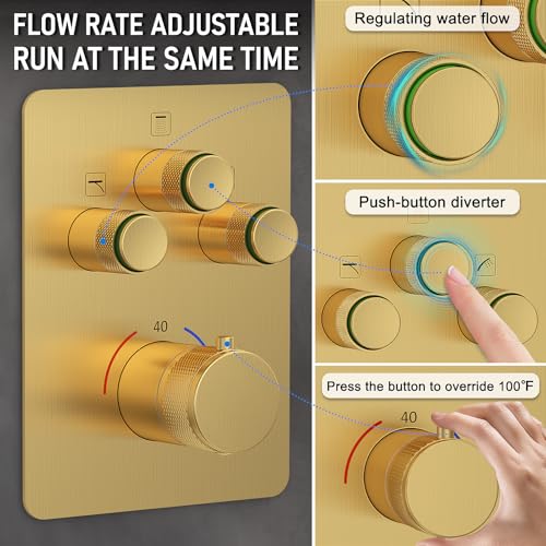 Iriber Thermostatic Shower System with Adjustable Water Flow Push Button Diverter, Square Dual Shower Heads Faucet Set with Handheld Spray, Brushed Gold Shower Mixer Valve Trim Kit (Valve Included) - color: Brushed Gold 05