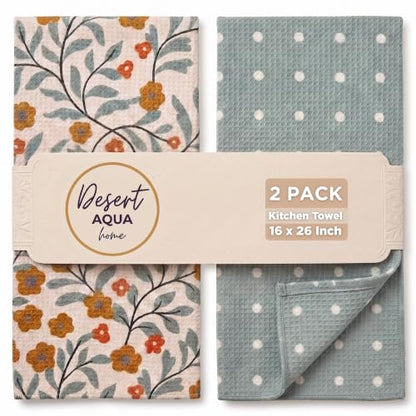Kitchen Towels, Dish Towels for Kitchen, 2 Pc Kitchen Towel Set | Microfiber Waffle Towels, 16 x 26 inches, with Hanging Loops, Reusable Tea Towels, Cute Kitchen Towels - 2 Pack - color: Green Floral and Dots