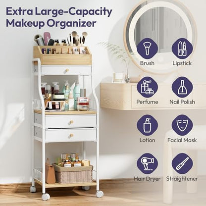 SWTYMIKI Rolling Makeup Organizer Cart - Floor Skincare Storage with Non-woven Drawers, Vanity Organizer Cosmetic Display Cases with Wheels, Cabinet for Skin Care Perfume Nail Polish Brush Hair Tool