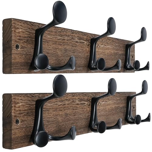 WEBI Coat Rack Wall Mount,17" Solid Wood Coat Hooks Wall Mounted Coat Hanger,16" Hole to Hole,Heavy Duty Hook Rack Rail,3 Triple Hooks for Hanging Coats,Jacket,Clothes,Hat,Weathered Brown,2 Packs - color: Weathered Brown, size: 17 Inch(2 Pcs)