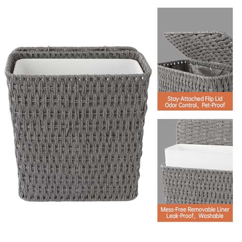 Coeusy 3 Gallon Paper Rope Bathroom Trash Can,Small Wicker Trash Cans with Lid and Liner,Woven Rattan Narrow Waste Basket for Bedroom,Office,Grey - color: Grey