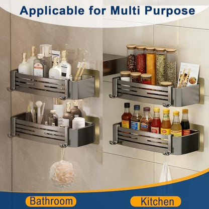 Shower Caddy, No-Drilling Adhesive Shower Shelves with Hooks, Waterproof & Rustproof Removable Shower Organizer Storage for Bathroom Kitchen - color: Grey-Rectangular -1pack