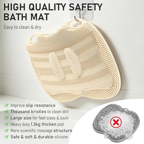 XL Shower Foot Scrubber Mat, Silicone Feet Massage Scrubber in Shower Clean Foot Toes Pad without Bending Non-slip Suction Cups Blood Circulation Exfoliate Smooth Achy Relief 17.4*13.4" Beige - color: 17.4*13.4" Beige
