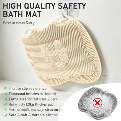 XL Shower Foot Scrubber Mat, Silicone Feet Massage Scrubber in Shower Clean Foot Toes Pad without Bending Non-slip Suction Cups Blood Circulation Exfoliate Smooth Achy Relief 17.4*13.4" Beige - color: 17.4*13.4" Beige