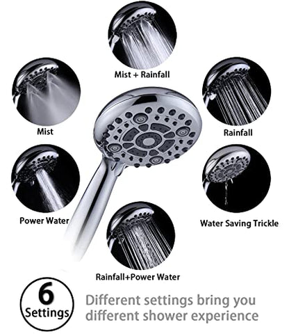 G-Promise Handheld Shower Head High Pressure 6 Spray Settings with Extended Downward Holder, Detachable Hand Held Showerhead 4.9 Inch Face with Extra Long Flexible Hose and Metal Adjustable Bracket