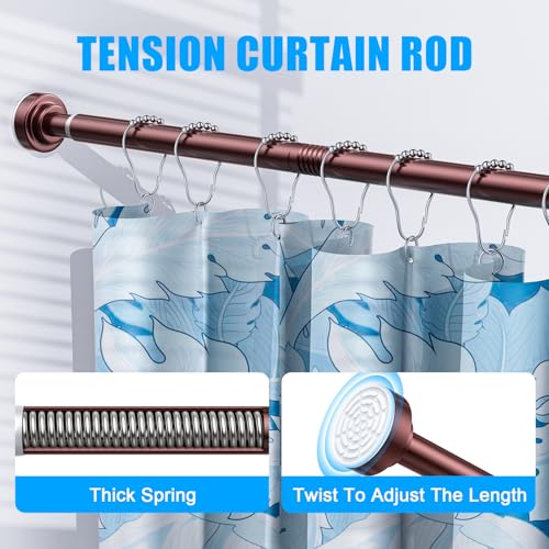 TEECK Shower Curtain Rod, 32-92 inch Adjustable Spring Tension Curtain Rod, Never Rust Anti-Slip Shower Curtain Rod for Bathroom, No Drilling, Never Collapse, Easy to Use, Brown - color: Brown, size: 32-92 Inches