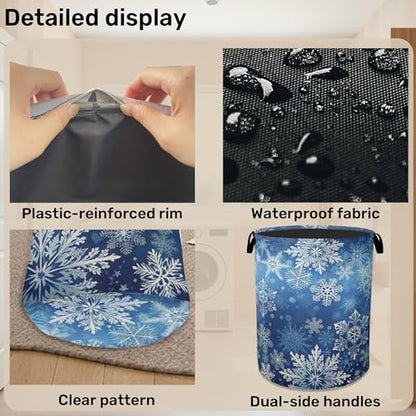 Winter Snowflakes Large Clothes Hamper Bag - Laundry Basket with Handles, Space Saving Foldable Design for Nursery - color: Winter Snowflakes
