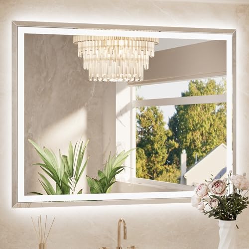 48 x 36 Inch Led Lighted Bathroom Mirror with Lights, Beveled Front and Backlit Extra-Bright Light up Mirror for Bathroom Wall, 3-Color Dimmable, Defogging, Tempered Glass, Waterproof - size: 36"L x 48"W