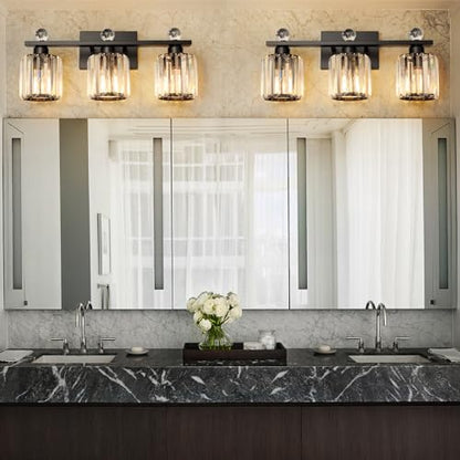 3-Light Black Modern K9 Crystal Vanity Lights, Black Bathroom Light Fixtures Stainless Steel Crystal Vanity Light Fixture | Black Bathroom Light Fixtures Stainless Steel Crystal Vanity Light Fixture - color: Black, size: Linear-3-Light