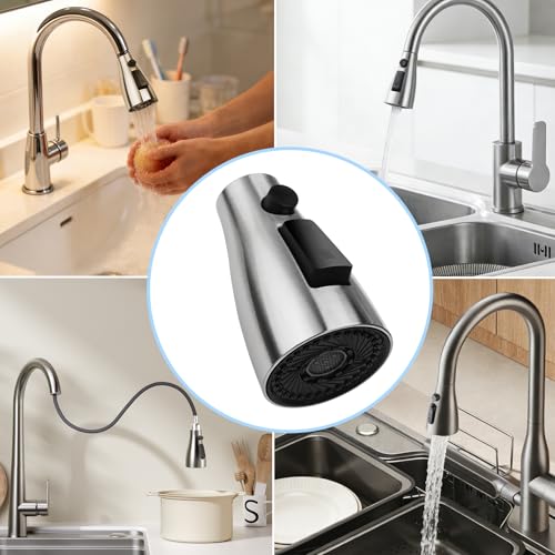 MILD EAST Kitchen Faucet Head Replacement, Premium 3-Function Pull Down Spray Head with 9 Universal Adapters, Sink Faucet Head compatible with Moen, American Standard Faucets, Brushed Nickel