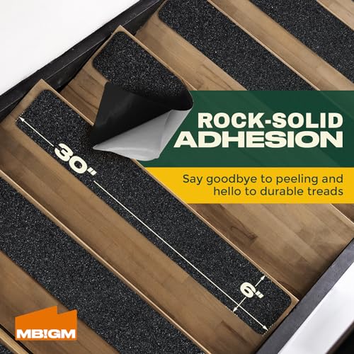 MBIGM Outdoor Non-Slip Stair Grip Tape, 12 Pack, 6" x 30", Black | PET/PVC stair tape with mineral-grit surface and adhesive backing adds traction to outdoor steps, decks and entryways - size: Black 6" x 30"