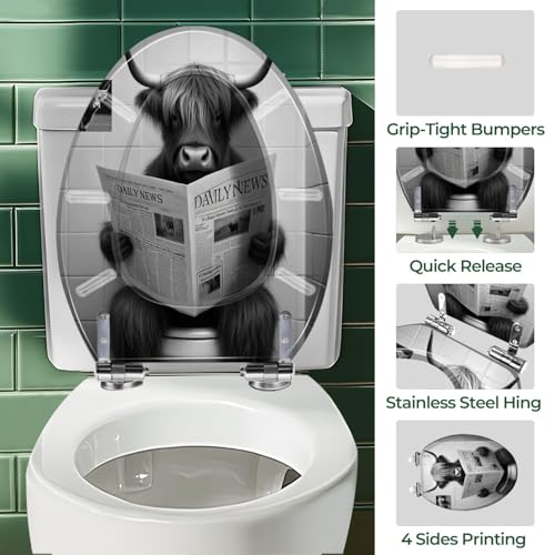Elongated Resin Toilet Seat, Quietly Close Quick Release Hinges Cover | Toilet Lid Cover Easy to Clean and Install, Funny Bull Animal Cattle Hilarious Farmhouse Rustic Heavy Duty Toilet Seat - color: pattern1, size: V-shape