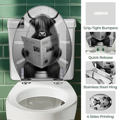 Elongated Resin Toilet Seat, Quietly Close Quick Release Hinges Cover | Toilet Lid Cover Easy to Clean and Install, Funny Bull Animal Cattle Hilarious Farmhouse Rustic Heavy Duty Toilet Seat - color: pattern1, size: V-shape