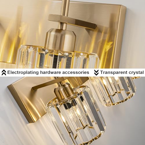 Modern Crystal Bathroom Vanity Lights, Gold 3-Lights Bathroom Light Fixtures Over Mirror, Crystal Wall Lighting with Polished Brass Finish - color: Gold-Round Shade, size: 3-Light