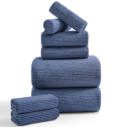 8-Piece Premium Towel Set for Bathroom|2 Oversized Large Bath Sheet,2 Hand Towels,4 Washcloths|Soft Cozy Highly Absorbent Fast Dry Microfiber Shower Towel Set for Hotel Bathroom Essentials,Navy Blue - color: Navy Blue, size: 8 Piece Towel Set (Mixed Sizes