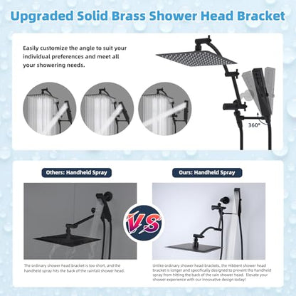 Hibbent All Metal CUPC Certified 10'' Rainfall Shower Head, Dual Shower Head Combo, High Pressure Handheld 4 Sprays Shower Wand, 16'' Adjustable Extension Arm, 71'' Hose, Shower Holder, Matte Black - color: Matte Black, style: Square 10''