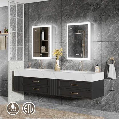20x26 Medicine Cabinet Mirror with Double Lights & Clock, Front+Backlit Surface or Recessed Fogless Lighted Medicine Cabinet Mirror, 155°Soft-close Right Hinge,Time-Display,Outlet,Inner Light - size: 20x26'' (Right Hinge)