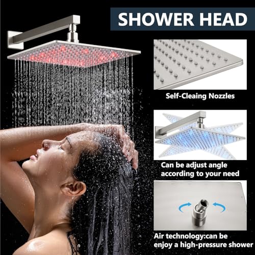 Aolemi Shower Faucet Set with Valve Handheld 10" LED Head Brushed Nickel | Handheld Spray,10 Inch Rain LED Head,Valve and Trim Kit,All Metal,Wall Mount Shower System,Bathroom Mixer - color: Nickel, size: 10 Inch LED Shower Head