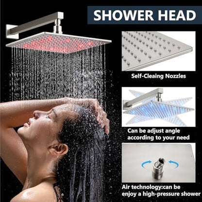 Aolemi Shower Faucet Set with Valve Handheld 10" LED Head Brushed Nickel | Handheld Spray,10 Inch Rain LED Head,Valve and Trim Kit,All Metal,Wall Mount Shower System,Bathroom Mixer - color: Nickel, size: 10 Inch LED Shower Head