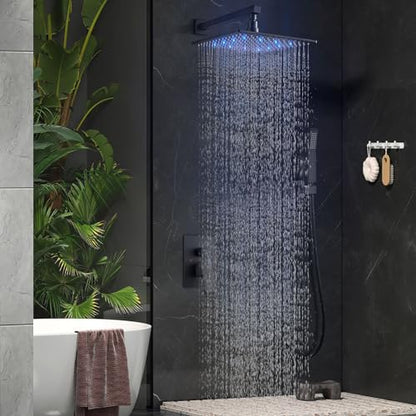 Aolemi Shower Faucet Set with Valve Handheld 12" LED Head Matte Black | Handheld Spray,12 Inch Rain LED Head,Valve and Trim Kit,All Metal,Wall Mount Shower System,Bathroom Mixer - color: Black, size: 12 Inch LED Shower Head