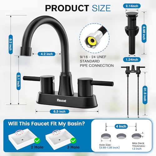 Black Bathroom Faucet 3 Hole, Bathroom Faucets for Sink 3 Hole, Bathroom Sink Faucet, 4 Inch 2 Handle Centerset, Lead-Free, with Copper Pop Up Drain (Matte Black) - color: Matte Black Style A