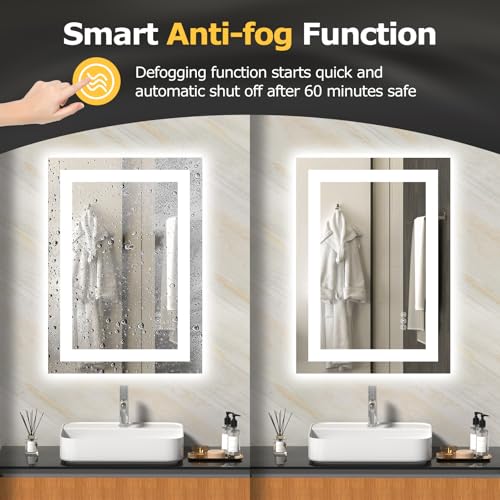 Hivone 28"X20" LED Bathroom Mirror with Lights, Anti-Fog, Dimmable, Backlit + Front Lit, Smart Bathroom Vanity Mirror, Memory Function, Shatterproof, Tempered Glass (Horizontal/Vertical) - size: 28"L x 20"W
