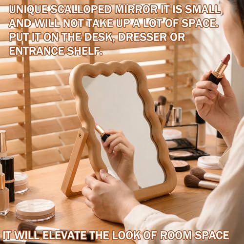 Wooden Wave Shaped Makeup Table Mirror with Stand Folding Tabletop Vanity Mirror Scalloped Aesthetic Wood Framed Standing for Boho Office Desk Home Decoration, 10.24 x 7.87 x 0.79 Inches