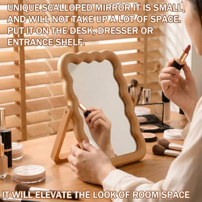 Wooden Wave Shaped Makeup Table Mirror with Stand Folding Tabletop Vanity Mirror Scalloped Aesthetic Wood Framed Standing for Boho Office Desk Home Decoration, 10.24 x 7.87 x 0.79 Inches