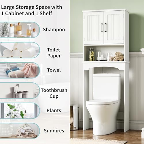 Over The Toilet Storage Cabinet, Double Door Over Toilet Bathroom Organizer, Space-Saving & Open Shelf & Anti-Tip Device, White