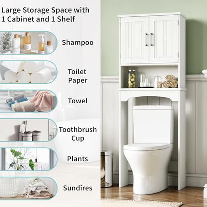 Over The Toilet Storage Cabinet, Double Door Over Toilet Bathroom Organizer, Space-Saving & Open Shelf & Anti-Tip Device, White