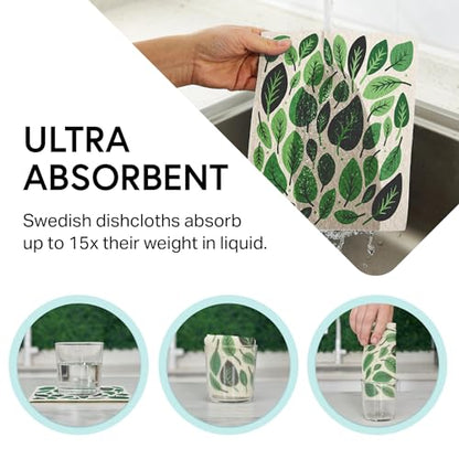 Swedish Wholesale Dishcloths Reusable 8" x 7" Sponge Cloths, Bulk 10 Pack of High Absorbent Cellulose Dish & Kitchen Cleaning Hand Towels, Wring to Dry & Machine Wash, Odor Resistant, Leaves - color: Leaves