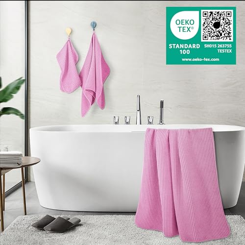 POLYTE 430 GSM Poly Blend Microfiber Quick Dry Waffle Bath Towel Set of 6 | 2-Body Towels, 2-Hand Towels, 2-Wash cloths, Oversize, Lint Free - color: Pink
