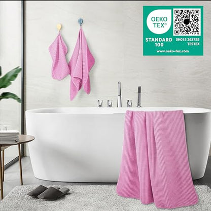 POLYTE 430 GSM Poly Blend Microfiber Quick Dry Waffle Bath Towel Set of 6 | 2-Body Towels, 2-Hand Towels, 2-Wash cloths, Oversize, Lint Free - color: Pink