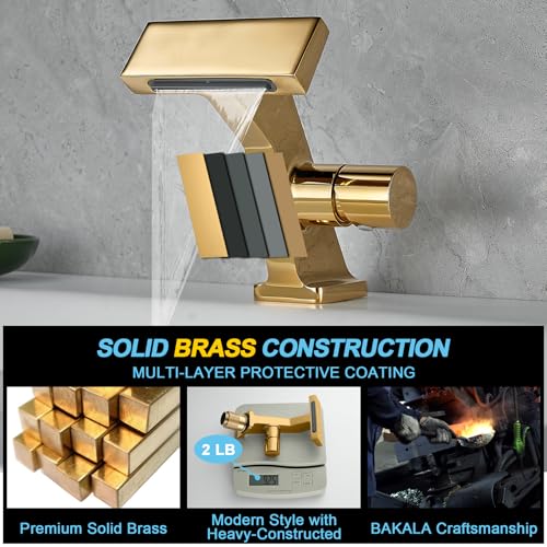 BAKALA Gold Waterfall Bathroom Faucet, Single Hole Brass Sink Faucet for RV and Vanity, Includes 2 Supply Lines - color: Gold