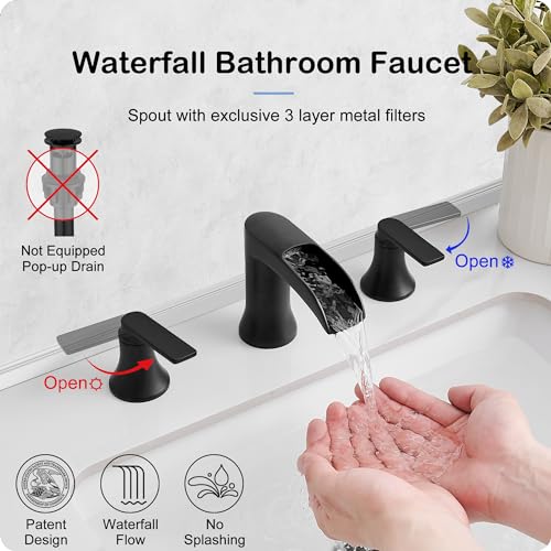 Black Bathroom Faucet 3 Hole, Brass Bathroom Waterfall Faucet 2 Handle, 4-16 Inch Widespread Bathroom Sink Faucets, Restroom Sink Faucet for Vanity with Supply Hoses, NO Equipped Pop-up Drain - color: Matte Black, style: NO Pop Up Drain