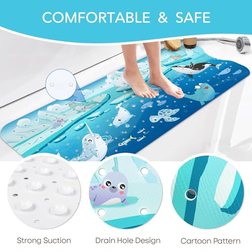 SHUCHING Blue Baby Bath Mat for Tub Non Slip-40x16 Inch, Animal | Bathtub Mat for Kids & Toddler Mold Free, Long Shower Mat for Inside Shower with Suction Cup, Machine Washable - color: Polar Animal