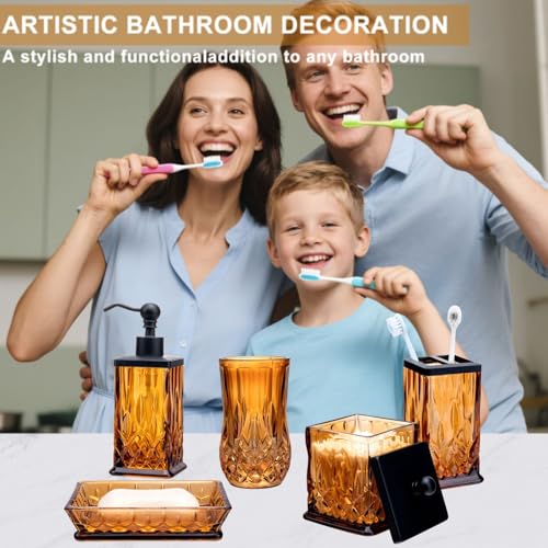 Amber Bathroom Accessories, Square Thick Glass & Zinc Alloy Pump | Beautiful & weight, 5 pcs soap dispenser, toothbrush holder, soap dish, tumbler & jar, for mission/amish style - style: Square(Amber)