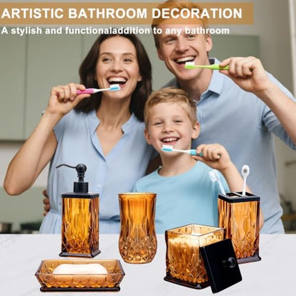Amber Bathroom Accessories, Square Thick Glass & Zinc Alloy Pump | Beautiful & weight, 5 pcs soap dispenser, toothbrush holder, soap dish, tumbler & jar, for mission/amish style - style: Square(Amber)