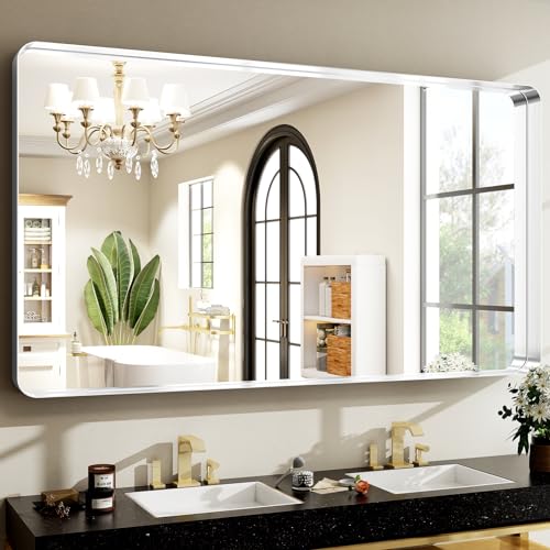 Easly 48 x 30 Inch Silver Bathroom Mirror, Rectangular Wall Mounted Shatterproof Mirror, Aluminum Alloy Frame with Rounded Corners, Horizontal or Vertical for Farmhouse Decor - color: Silver, size: 48"L x 30"W