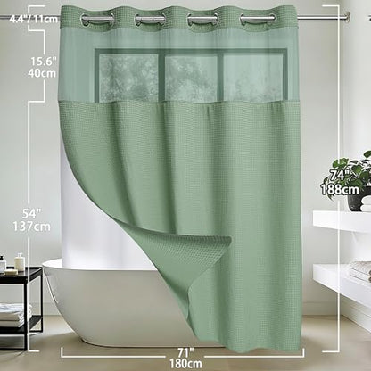 Conbo Mio No Hook Sage Green Waffle Weave Shower Curtain with Snap in Liner Set, Hotel Luxury Shower Curtains for Bathroom with See Through Top Window, Waterproof, Washable 71W x 74H - color: Sage Green Style, size: 71"W x 74"L (Pack of 1)