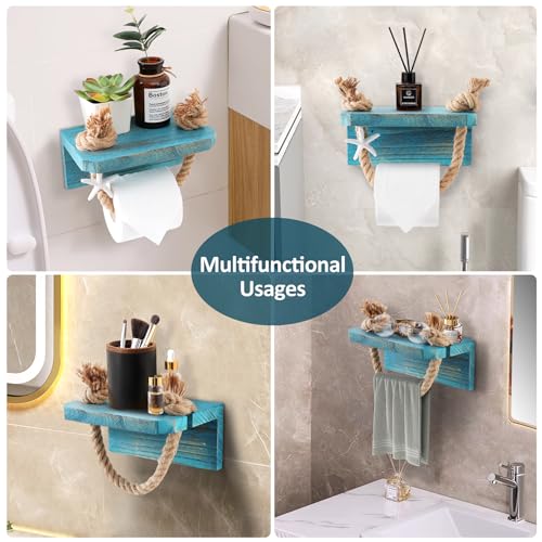 Nautical Rope Toilet Paper Holder Beach Farmhouse Bathroom Decor | Pre-Assembled Wall Mounted Coastal Ocean Starfish Rope Towel Rack Unique Tissue Roll Holder with Wood Shelf Blue - color: Rustic Sea Blue