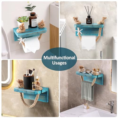 Nautical Rope Toilet Paper Holder Beach Farmhouse Bathroom Decor | Pre-Assembled Wall Mounted Coastal Ocean Starfish Rope Towel Rack Unique Tissue Roll Holder with Wood Shelf Blue - color: Rustic Sea Blue