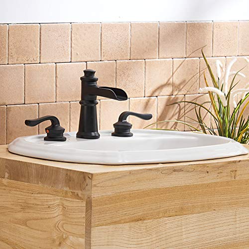 BWE Widespread Bathroom Faucet 3 Holes Matte Black with Pop Up Drain Assembly and Supply Hose Waterfall Black Two-Handle 8-16 inch Bathroom Faucet Lavatory Basin Mixer Tap - color: Black