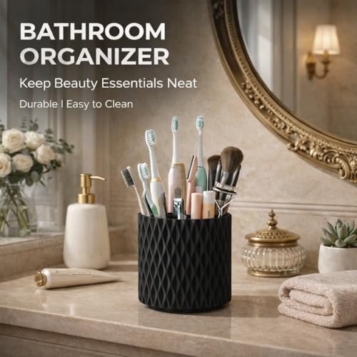 Black Makeup Brush Holder, 360° Rotating Makeup Organizer | 5-slot spinning vanity countertop caddy for makeup brushes, lipstick, hair brush & pens — bathroom, dorm & office - style: Black