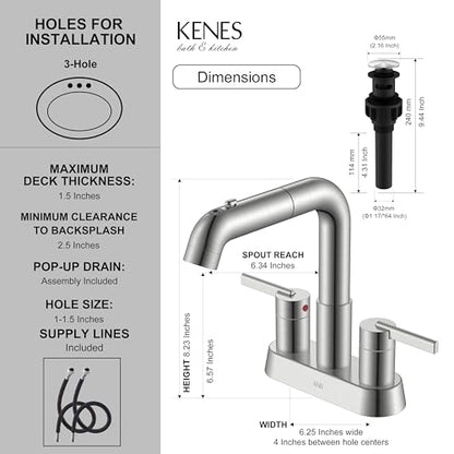 Brushed Nickel Pull Down Centerset Bathroom Faucet 2 Handle 3 Hole | Pull Out Bathroom Faucet with Pop Up Drain & Supply Lines, Lead-Free cUPC & NSF Certified, 4 Inch Faucet for Vanity RV Sink - color: Brushed Nickel