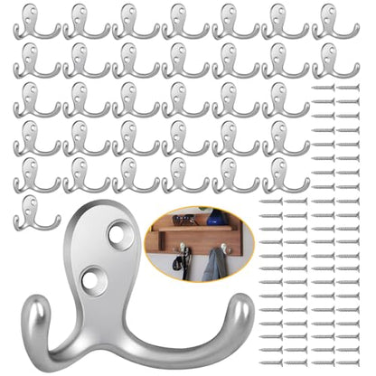 Homanu 34 Pack Coat Hooks, Heavy Duty Double Prong Coat Hooks Wall Mounted with 68 Screws, No Rust Silvery Metal Wall Hooks for Hanging Towel, Coat, Bag, Hat, Cup, Key - color: 34 Pcs Silvery