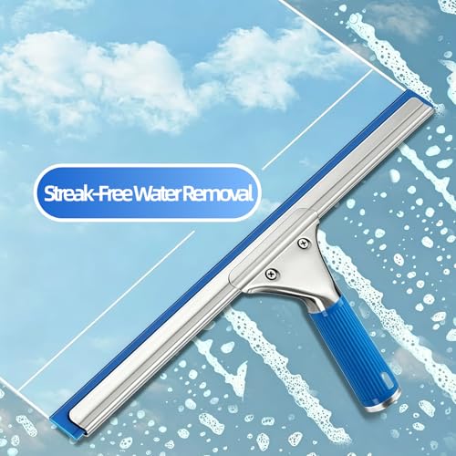 2-in-1 Window Squeegee & Microfiber Washer Combo, Streak Free Glass Wiping Tool with Ergonomic Handle for Shower Doors, Mirrors, Windows, Windshield and Smooth Surfaces