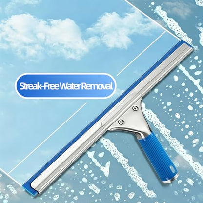 2-in-1 Window Squeegee & Microfiber Washer Combo, Streak Free Glass Wiping Tool with Ergonomic Handle for Shower Doors, Mirrors, Windows, Windshield and Smooth Surfaces