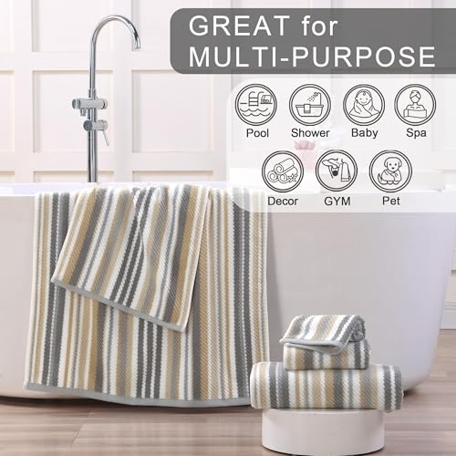 VOOVA & MOVAS Striped Towels 6 Pack, 100% Cotton, Gray Beige | All-Around Bathroom Use, Available in 13x13, 16x27, 28x52 In, Quick Dry, Soft, Absorbent, Bath Towels with Hanging Loops - color: Beige + Gray Striped, size: 6 PCS Bathroom Towels